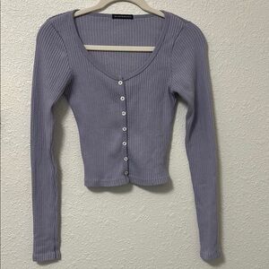 Purple Ribbed Button-Up Top